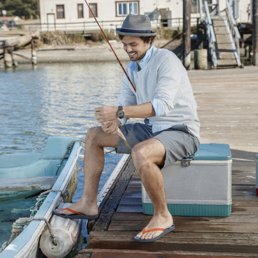 Lifestyle image for Beach Manly Toe Post Sandal - Blue Camo Orange