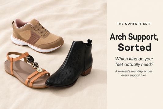 Women’s arch support shoes including a tan sneaker, apricot sandal and black ankle boot.