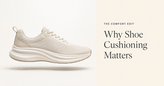 Stylised cushioned everyday shoe on a Comfort Edit blog cover for cushioning