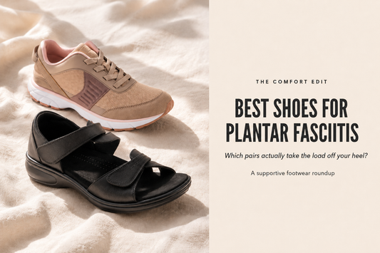 Black supportive sandal and beige-pink active sneaker styled on cream linen beside the headline “Best Shoes for Plantar Fasciitis.”