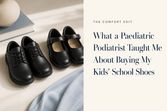 Two pairs of plain black school shoes arranged on a pale neutral surface beside a soft-cream panel featuring the headline, “What a Paediatric Podiatrist Taught Me About Buying My Kids’ School Shoes.