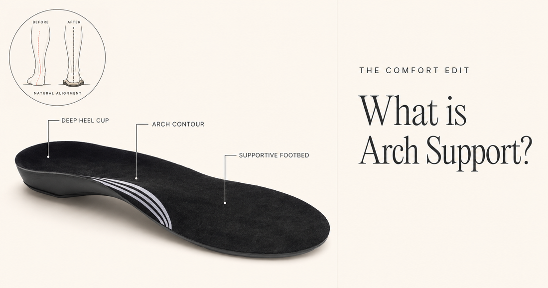 Arch support insole and before-after alignment diagram on a Comfort Edit cover