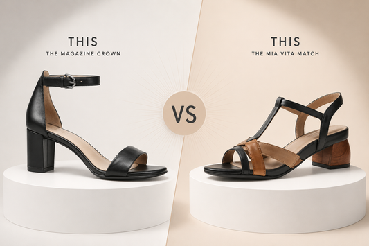 Black heel sandal versus black and tan Mia Vita sandal, split by a VS badge