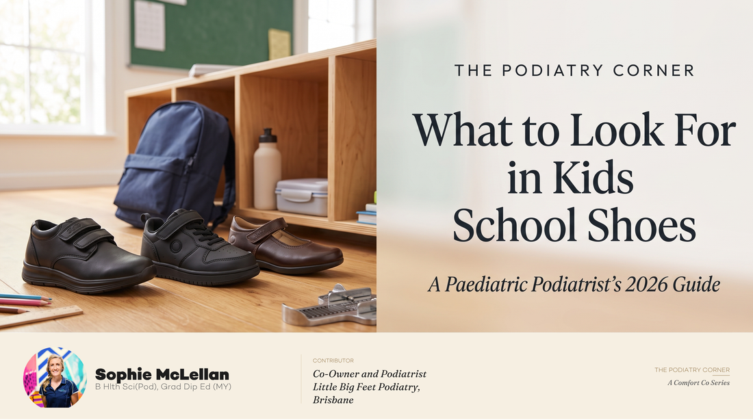 Kids school shoes beside a backpack in a classroom, by podiatrist Sophie McLellan