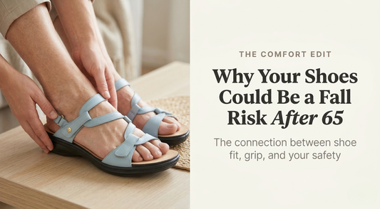 An older adult's hands fastening the strap of a light blue Revere sandal while seated, with the shoe resting on a wooden surface. Text on the right reads: Why Your Shoes Could Be a Fall Risk After 65.
