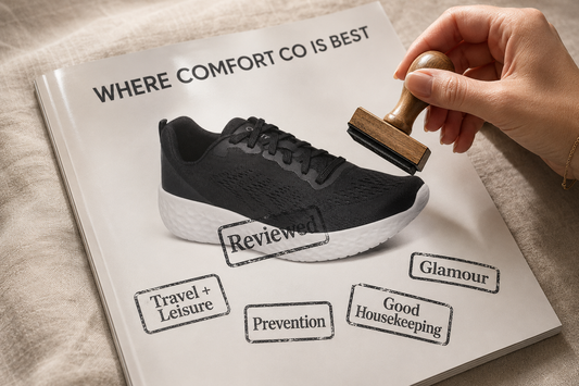 Black Aetrex sneaker on a glossy magazine page with stamped editorial-style approval marks.