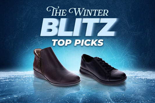 The Winter Blitz Top Picks: a brown leather ankle boot and a black casual sneaker on a frozen blue background.