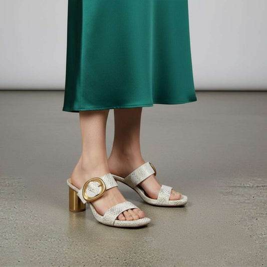 Lifestyle image for Ida Dress Sandal - White/Gold Snake
