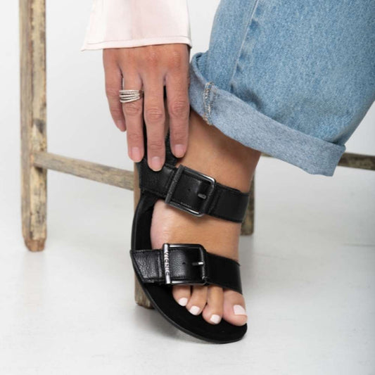 Lifestyle image for Reese Back Strap Sandal - Black Tumbled Leather